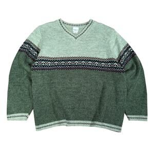 Whitefish Bay V-Neck Fair Isle Knit Sweater Green Vintage Large Norway Style